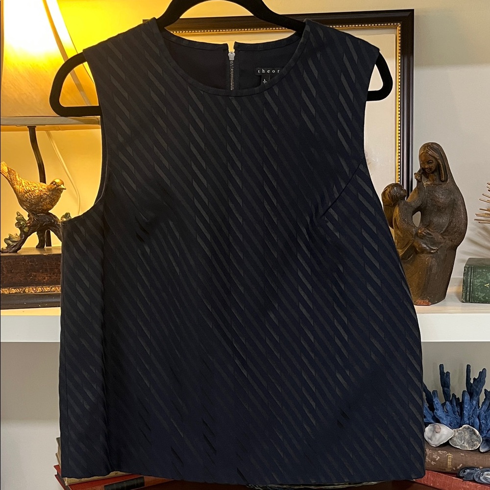 Theory Navy Sleeveless Shirt with Diagonal Stripes, Size L